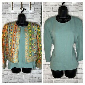 CARLISLE SILK Vintage 90’s Multicolor Silk Cropped Jacket & Blouse Set Size 8